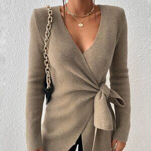 Khaki Casual Preppy Womens Wrap Knot Side Sweater